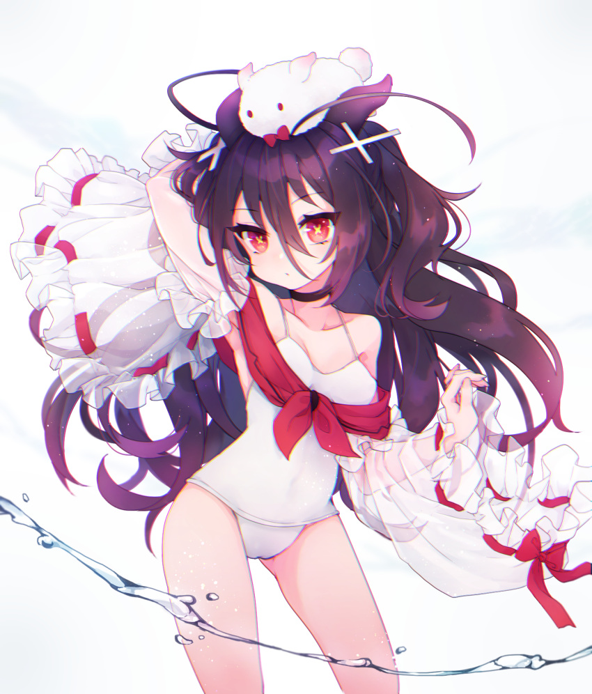 1girl arm_up ass_visible_through_thighs azur_lane bangs bare_shoulders black_choker black_hair choker closed_mouth collarbone commentary_request creature detached_sleeves eyebrows_visible_through_hair hair_between_eyes hair_ornament highres horns i-168_(azur_lane) long_hair long_sleeves looking_at_viewer on_head one-piece_swimsuit red_eyes ribbon-trimmed_sleeves ribbon_trim see-through see-through_sleeves shichijou_natori simple_background sleeves_past_wrists solo standing swimsuit symbol-shaped_pupils very_long_hair water white_background white_swimsuit wide_sleeves x_hair_ornament