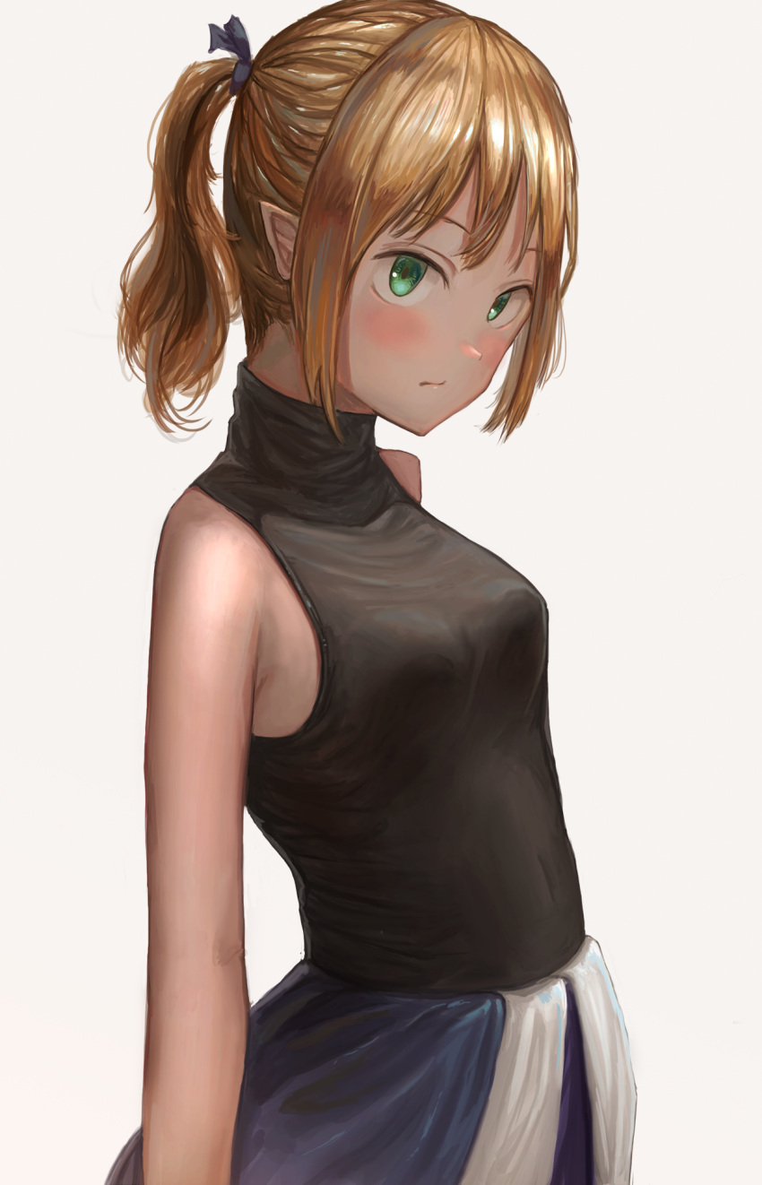 1girl arms_at_sides bangs bare_shoulders black_shirt blonde_hair blue_skirt breasts closed_mouth collarbone cowboy_shot eyebrows_visible_through_hair fjsmu green_eyes grey_background hair_tie highres looking_back mizuhashi_parsee pointy_ears sanpaku shirt short_hair short_ponytail simple_background skirt sleeveless sleeveless_shirt small_breasts solo touhou