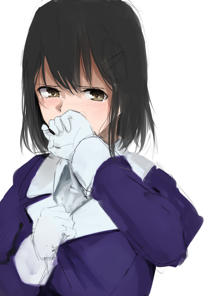 1girl 73suke absurdres black_hair brown_eyes commentary_request covering_mouth gloves haguro_(kancolle) hand_on_own_chest highres kantai_collection military military_uniform remodel_(kantai_collection) short_hair simple_background solo tears uniform upper_body white_background white_gloves wiping_mouth