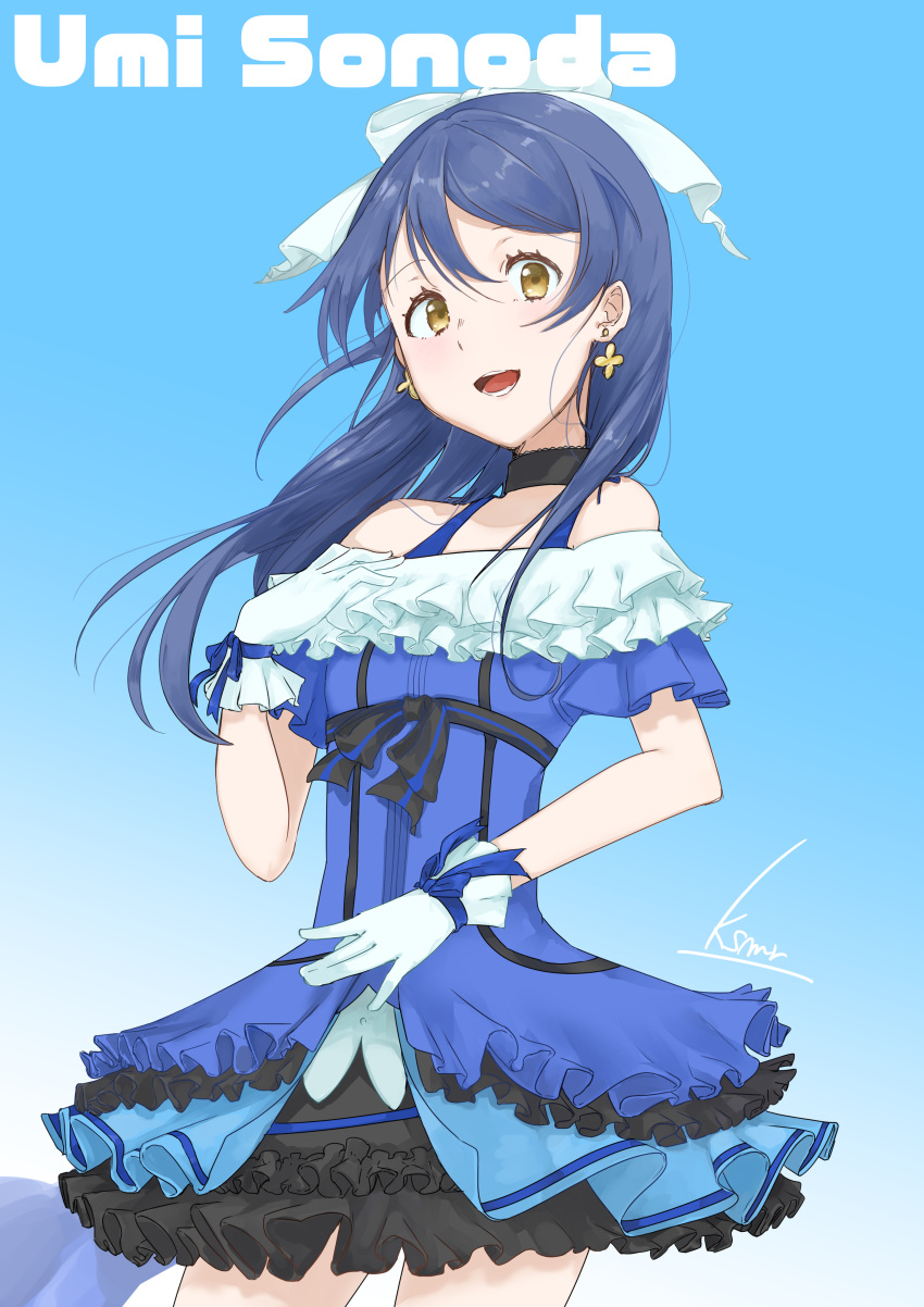 1girl absurdres bangs blue_background blue_dress blue_hair blush bow character_name choker commentary_request cowboy_shot dress earrings gloves hair_between_eyes hair_bow highres jewelry kira-kira_sensation! long_hair looking_at_viewer love_live! love_live!_school_idol_project open_mouth simple_background smile solo sonoda_umi white_gloves yellow_eyes