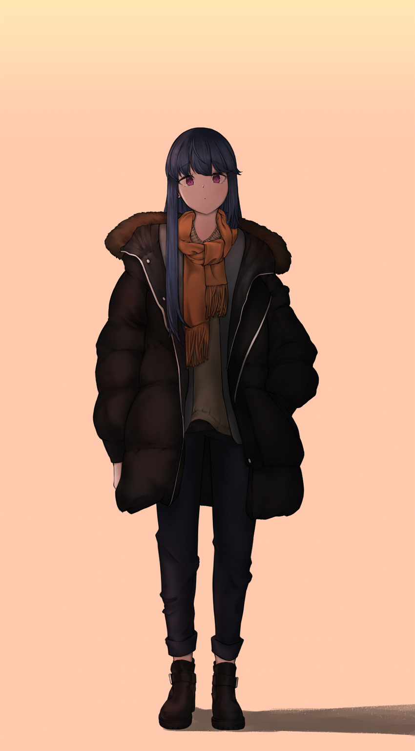 1girl absurdres black_coat black_footwear black_pants blue_hair floatingapple full_body hair_down hands_in_pockets highres long_hair looking_at_viewer orange_background orange_scarf pants scarf shima_rin shoes solo standing very_long_hair violet_eyes yurucamp