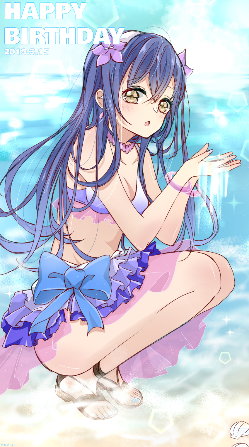1girl bangs bikini bikini_skirt birthday blue_hair bracelet character_name commentary_request dated eyebrows_visible_through_hair flower frilled_bikini frills full_body hair_between_eyes hair_flower hair_ornament happy_birthday hibiscus highres jewelry long_hair looking_at_viewer love_live! love_live!_school_idol_project natsuiro_egao_de_1_2_jump! necklace open_mouth ribbon sandals smile sonoda_umi squatting swimsuit yellow_eyes