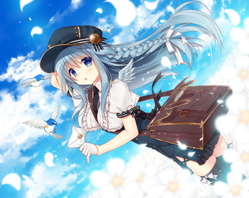 1girl bag bird black_legwear blue_eyes blue_hair blush braid breasts clouds cloudy_sky commentary_request eyebrows_visible_through_hair floating_hair gloves hair_between_eyes hand_on_own_head hat holding_envelope long_hair looking_at_viewer looking_to_the_side medium_breasts mini_wings necktie open_mouth original peaked_cap ryuuga_shou short_sleeves shoulder_bag sidelocks sky solo thigh-highs zettai_ryouiki