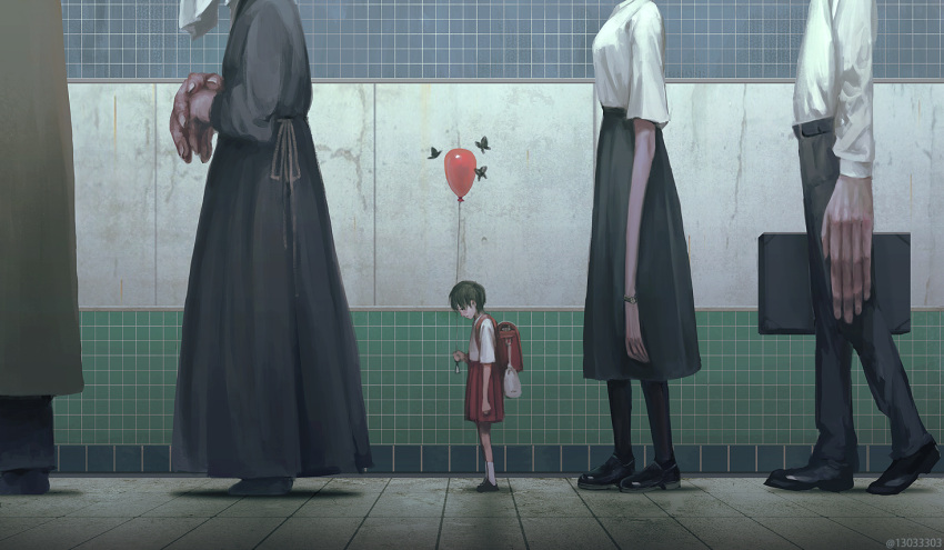 1girl arizuka_(13033303) backpack bag balloon bug butterfly commentary_request insect lost_child original oversized_limbs queue randoseru red_skirt shirt skirt white_shirt