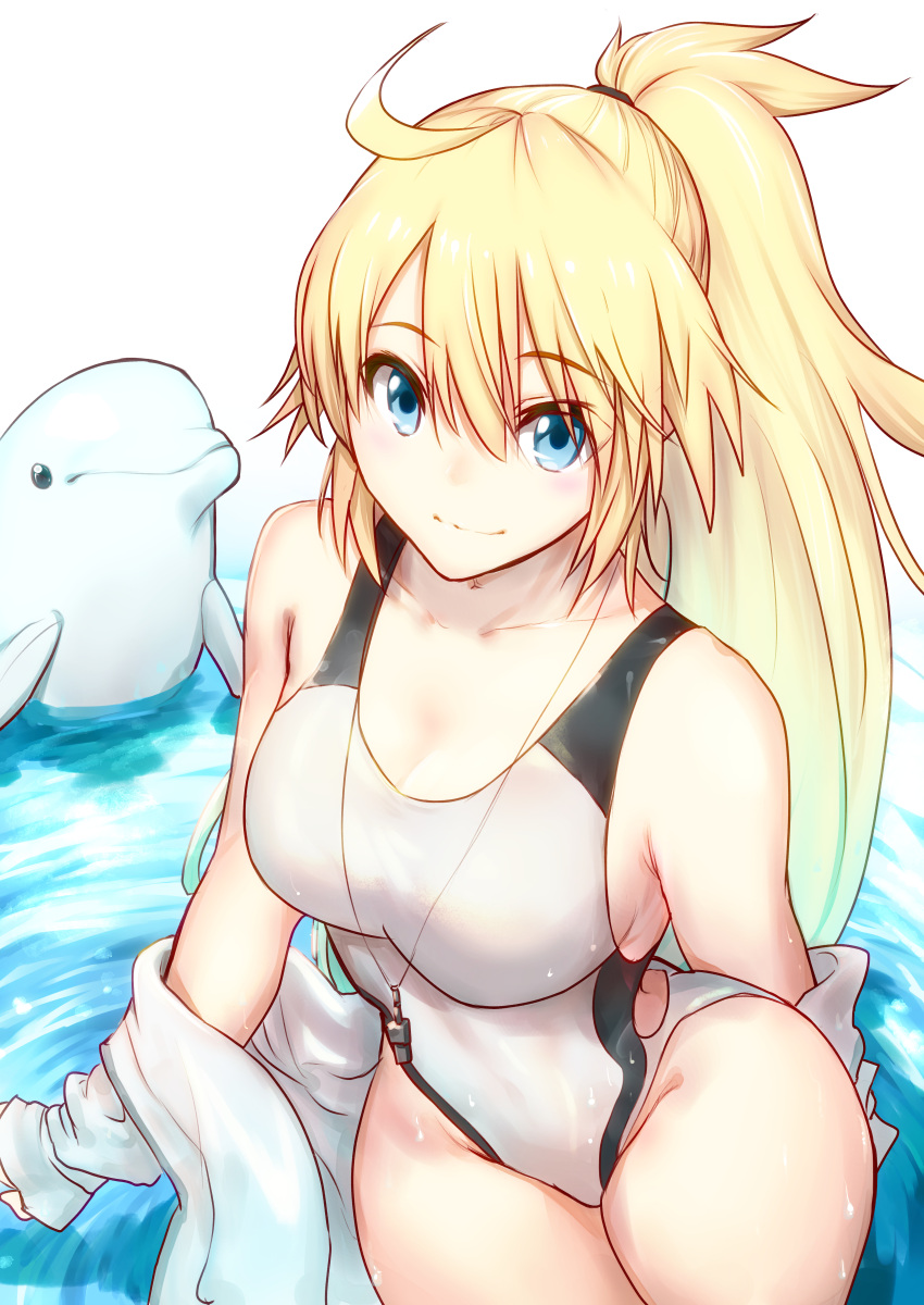 1girl 1other absurdres blonde_hair blue_eyes dolphin fate/grand_order fate_(series) highleg highleg_swimsuit highres huge_filesize jacket jeanne_d'arc_(fate)_(all) jeanne_d'arc_(swimsuit_archer) long_hair looking_at_viewer nakanishi_tatsuya open_clothes open_jacket ponytail sitting smile swimsuit twintails water whistle whistle_around_neck white_jacket white_swimsuit