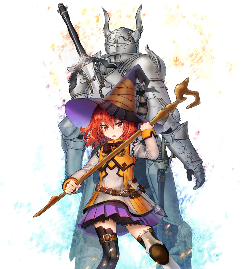1boy 1girl aoki_honoo_ningyou_no_kiroku armor back-to-back black_legwear chain club cover cover_page gauntlets hat highres holding holding_staff knee_pads leg_belt long_sleeves mismatched_legwear novel_cover novel_illustration official_art open_mouth purple_skirt red_eyes redhead sheath sheathed simple_background skirt staff standing sword thigh-highs wand weapon white_background white_legwear wizard_hat
