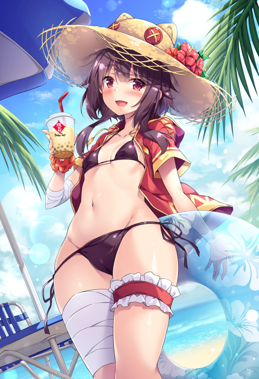 1girl :d :o akizora_momiji bandages bangs beach bikini blue_sky blush breasts brown_eyes brown_hair chair choker clouds collarbone cup dya flat_chest groin hat highres holding holding_cup hood hood_down hooded_jacket innertube jacket kono_subarashii_sekai_ni_shukufuku_wo! leg_strap looking_at_viewer megumin navel ocean one_eye_closed open_mouth outdoors purple_bikini red_jacket sand scrunchie side-tie_bikini sidelocks simple_background sky small_breasts smile solo standing stomach straw_hat swimsuit table thigh_strap umbrella wrist_scrunchie