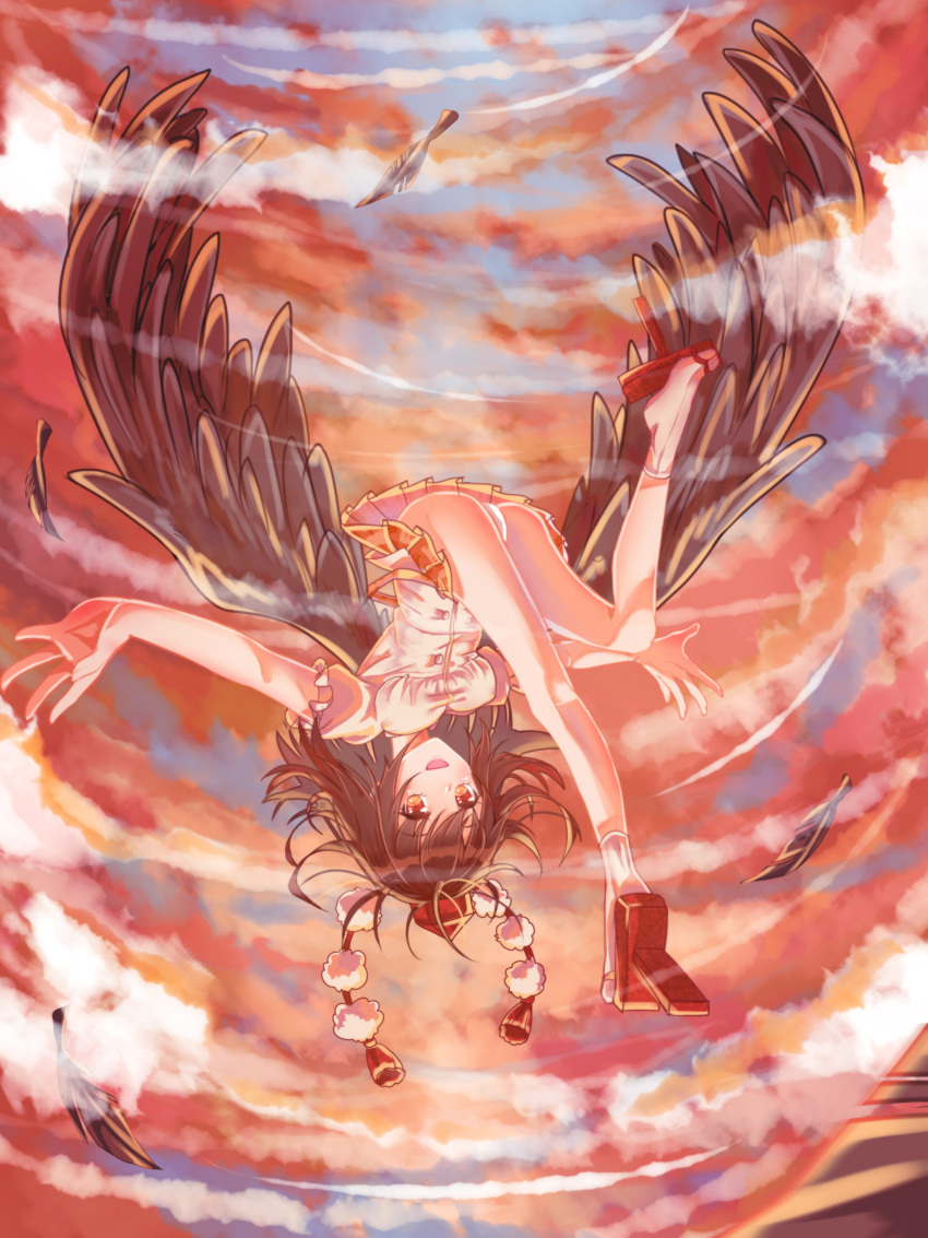 1girl :d absurdres ass bangs bare_legs black_hair black_wings blush breasts eyebrows_visible_through_hair feathered_wings feathers fog geta hat highres looking_at_viewer medium_breasts miniskirt open_mouth orange_skirt outstretched_arms panties pleated_skirt pom_pom_(clothes) puffy_short_sleeves puffy_sleeves red_eyes red_footwear shameimaru_aya shirt short_hair short_sleeves skirt smile socks solo tassel tengu-geta thighs tokin_hat touhou underwear upside-down white_legwear white_panties white_shirt wings xuanye_ayako