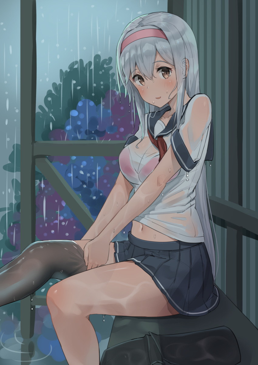 1girl alternate_costume bare_legs black_legwear blue_skirt bra breasts brown_eyes collarbone hair_between_eyes hairband highres kantai_collection legwear_removed long_hair looking_at_viewer medium_breasts midriff_peek miniskirt navel parted_lips pink_bra pleated_skirt rain red_neckwear revision sailor_collar school_uniform see-through serafuku shirt short_sleeves shoukaku_(kantai_collection) sidelocks silver_hair sitting skirt smile solo soushou_nin thigh-highs thighs underwear water wet wet_clothes wet_shirt white_shirt window