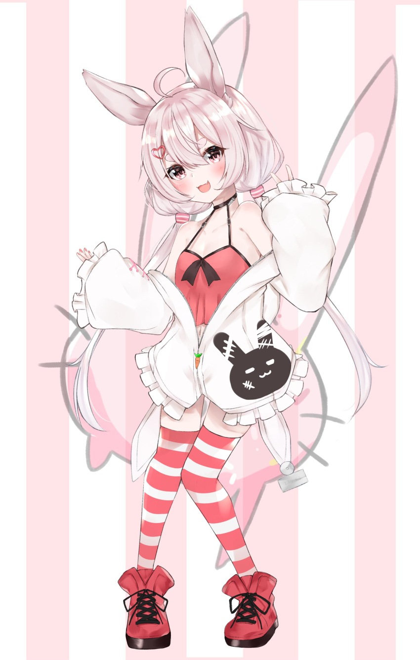 1girl absurdres ahoge animal_ears arm_up blush camisole choker full_body hair_ornament hairclip highres jacket long_hair low_twintails navel nemun_(tamizzz) no_pants off_shoulder open_mouth pink_background pink_eyes pink_hair rabbit_ears red_camisole red_footwear red_legwear shoes simple_background sleeves_past_wrists smile solo striped striped_background striped_legwear thigh-highs tomari_mari tomari_mari_channel twintails v virtual_youtuber white_jacket