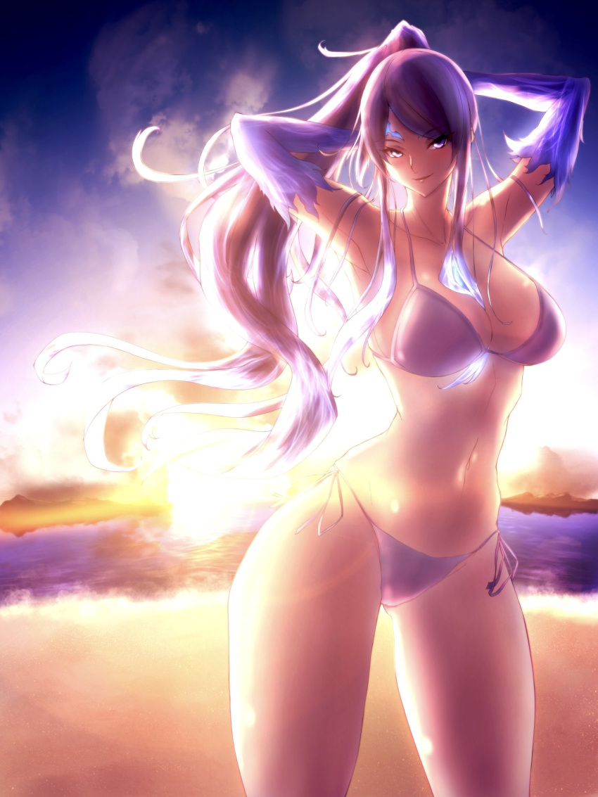 1girl beach bikini blue_eyes breasts collarbone fire gloves highres hksicabb kagutsuchi_(xenoblade) long_hair looking_at_viewer navel simple_background smile solo sun sunset swimsuit xenoblade_(series) xenoblade_2