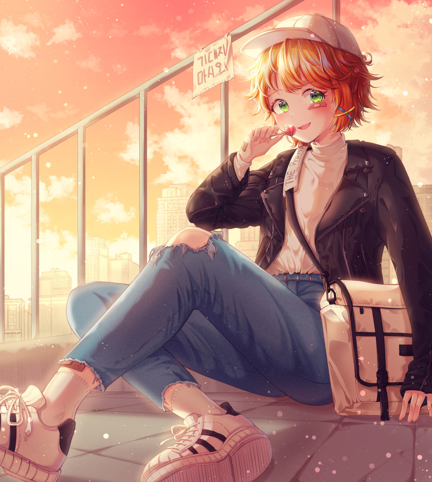 1girl absurdres bag bandaid bandaid_on_face bandaid_on_leg black_jacket blue_pants building candy contemporary copyright_name denim emma_(yakusoku_no_neverland) food green_eyes hair_ornament handbag hat highres huge_filesize jacket lollipop orange_hair orange_sky outdoors pants railing shirt shoes short_hair sitting sky skyscraper smile sneakers socks torn_clothes white_bag white_headwear white_legwear white_shirt x_hair_ornament yakusoku_no_neverland