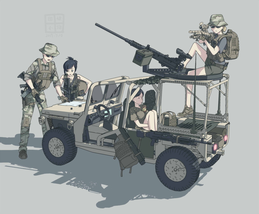 1boy 3girls aiming all-terrain_vehicle assault_rifle backpack bag black_hair blonde_hair breast_rest breasts camouflage car chinese_commentary commentary_request drinking_straw etmc1992 gloves ground_vehicle gun hat headwear_removed helmet helmet_removed highres load_bearing_vest m4_carbine machine_gun military motor_vehicle multiple_girls original rifle short_hair short_shorts shorts simple_background sitting sniper_rifle sunglasses vest_removed weapon