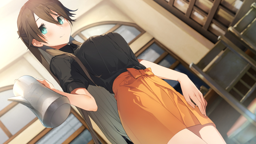 1girl akinashi_yuu blue_eyes blurry blurry_background breasts brown_hair closed_mouth cowboy_shot depth_of_field dutch_angle game_cg hair_between_eyes hara_ryouko highres indoors large_breasts light_smile long_hair ponytail ryuusei_world_actor skirt solo very_long_hair waitress