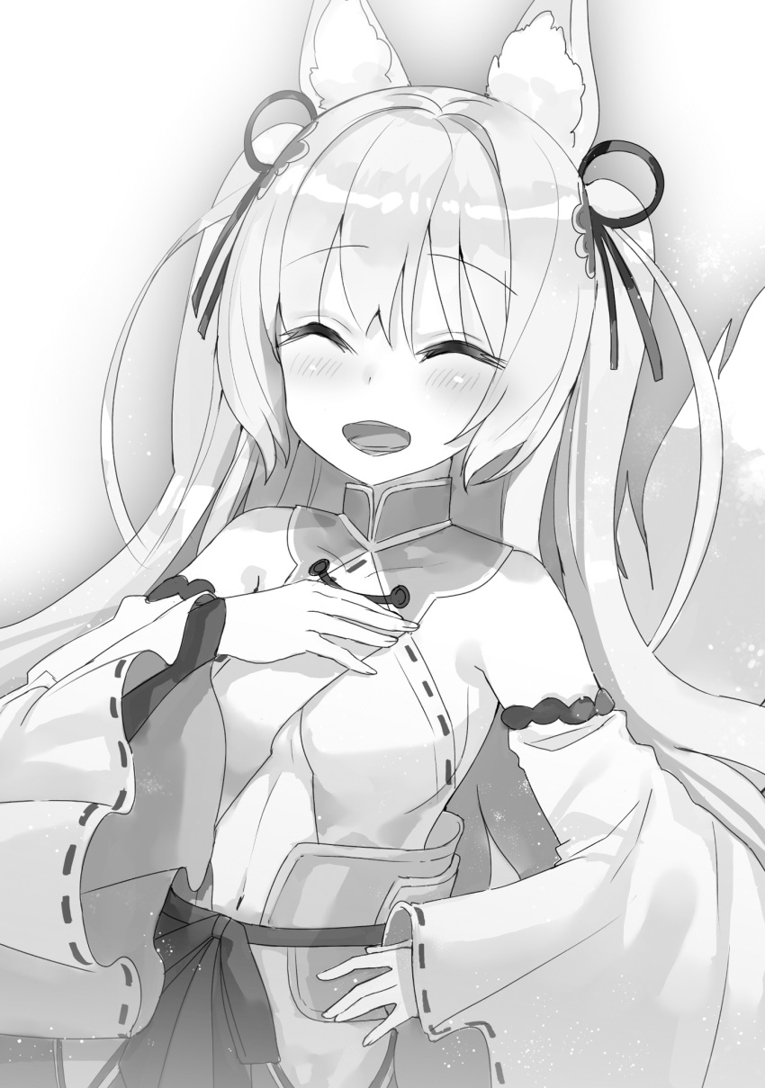 1girl :d animal_ears bangs breasts closed_eyes collarbone detached_collar detached_sleeves eyebrows_visible_through_hair floating_hair fuumi_(radial_engine) greyscale hair_ribbon hand_on_hip highres long_hair long_sleeves maou-sama_no_machizukuri! monochrome navel open_mouth ribbon ribbon-trimmed_sleeves ribbon_trim sideboob small_breasts smile solo upper_body very_long_hair wide_sleeves wolf_ears