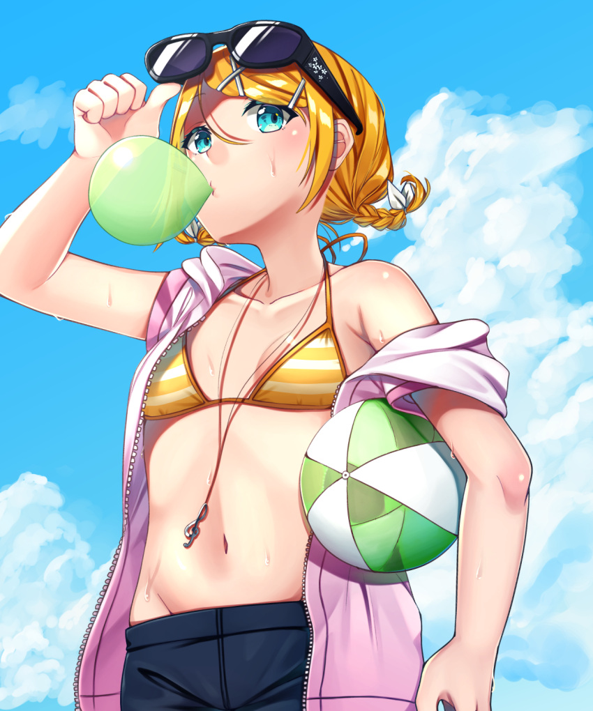 1girl adjusting_eyewear ball beachball bikini_top blonde_hair blue_eyes blue_sky blush bow braided_ponytail bubble_blowing chewing_gum clouds cloudy_sky commentary eyewear_on_head floral_print from_below hair_bow hair_ornament hairclip hand_up highres holding_beachball inu8neko jacket jacket_removed jewelry kagamine_rin looking_at_viewer midriff navel necklace short_hair shorts shoulder_blush sky solo sunglasses swimwear thumbs_up treble_clef vocaloid water_drop