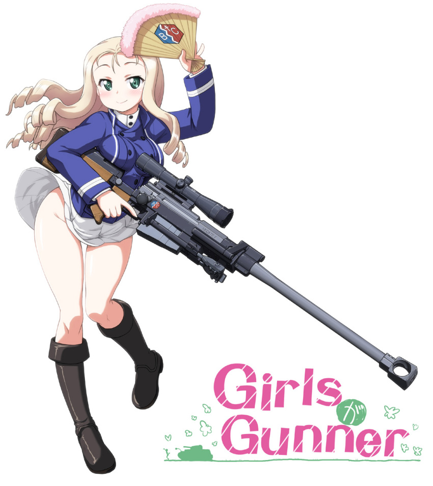1girl anti-materiel_rifle bc_freedom_military_uniform blonde_hair boots commentary drill_hair fan girls_und_panzer green_eyes gun hase_yu highres holding holding_gun holding_weapon long_hair marie_(girls_und_panzer) no_panties pgm_hecate_ii rifle sniper_rifle solo trigger_discipline weapon white_background