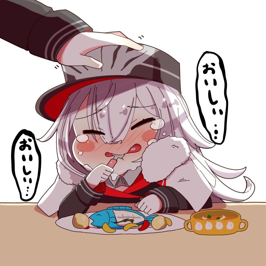 2girls azur_lane bangs black_headwear cape closed_eyes collared_shirt commentary_request crying cup eating fish fork fur-trimmed_cape fur_trim graf_zeppelin_(azur_lane) hair_between_eyes hand_on_another's_head hat highres holding holding_fork horoyuki_(gumizoku) long_sleeves military_hat multiple_girls petting shirt silver_hair sitting table tears translated zeppelin-chan_(azur_lane)