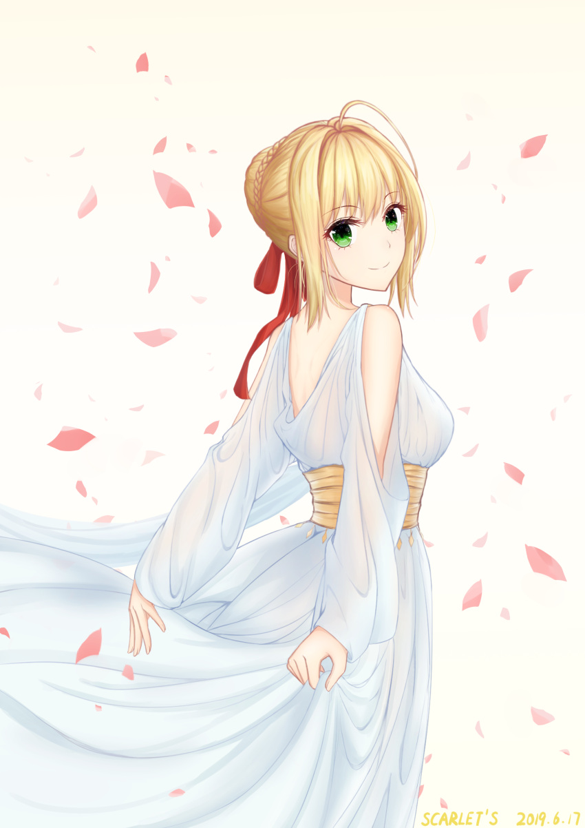 1girl 2019 absurdres ahoge arms_behind_back artist_name bangs blonde_hair braided_bun closed_mouth dated dress eyebrows_visible_through_hair fate/extra fate_(series) from_side green_eyes hair_intakes hair_ribbon highres looking_at_viewer looking_back nero_claudius_(fate) nero_claudius_(fate)_(all) petals red_ribbon ribbon short_hair shoulder_cutout sidelocks smile solo standing user_cgvu5252 white_dress
