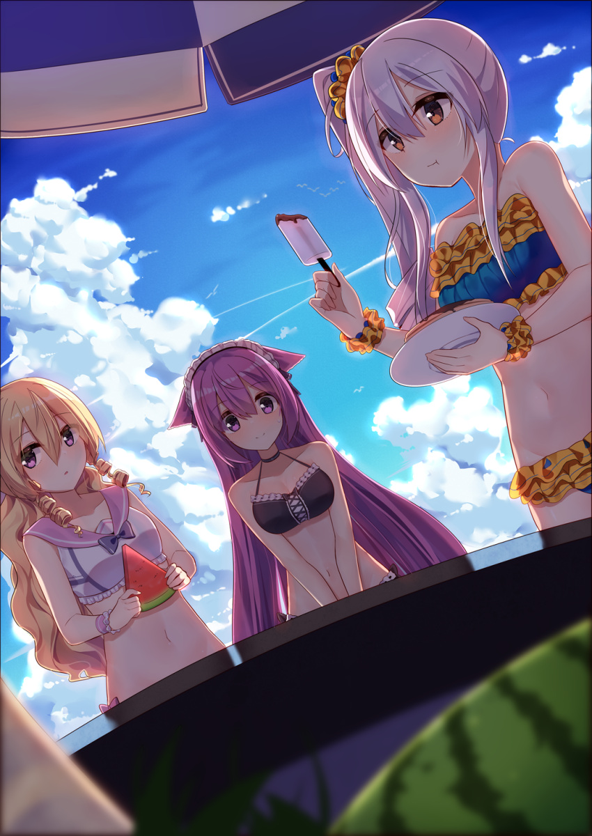 3girls :t animal_ears backlighting bare_arms bare_shoulders beach_umbrella bikini black_bikini black_choker blonde_hair blue_bikini blue_sky bow bowtie breasts brown_eyes cat_ears choker closed_mouth clouds cloudy_sky collarbone crop_top day ddt_(darktrident) drill_hair eating food frilled_bikini frills fruit hair_between_eyes hair_ornament hair_scrunchie halter_top halterneck headdress highres holding holding_plate long_hair looking_at_viewer medium_breasts multiple_girls navel original outdoors pancake pink_sailor_collar plate popsicle purple_hair sailor_bikini sailor_collar scrunchie side_ponytail silver_hair sky sleeveless smile standing stomach sweat swimsuit table twin_drills umbrella violet_eyes watermelon wavy_hair wrist_cuffs wrist_scrunchie