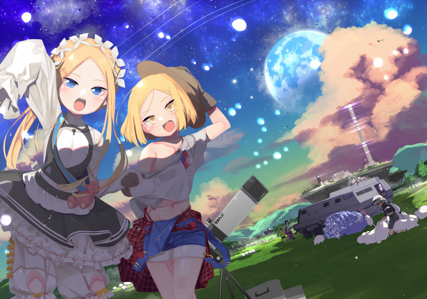 abigail_williams_(fate/grand_order) arm_up bangs bare_shoulders blonde_hair blue_eyes blush breasts collarbone dress fate/grand_order fate_(series) forehead highres holding holding_stuffed_animal long_hair long_sleeves looking_at_viewer nomeazog open_mouth outdoors parted_bangs paul_bunyan_(fate/grand_order) shirt short_hair sleeves_past_fingers sleeves_past_wrists small_breasts smile stuffed_animal stuffed_toy teddy_bear white_bloomers white_dress white_shirt yellow_eyes