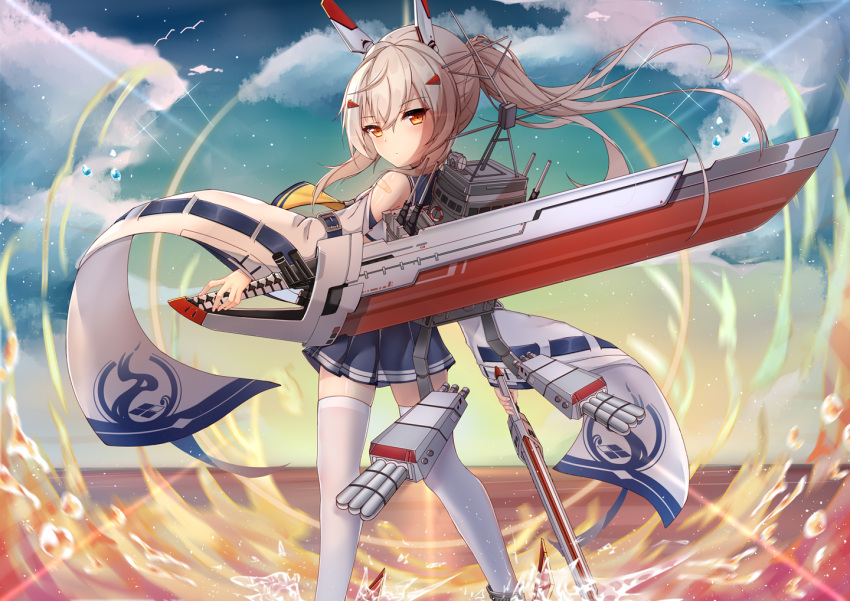 1girl ayanami_(azur_lane) azur_lane bandaid bandaid_on_arm bangs bare_shoulders blue_sky bubble chinese_commentary clouds commentary_request detached_sleeves evening expressionless from_behind headgear holding holding_sword holding_weapon kuaua long_hair long_sleeves looking_at_viewer looking_back ocean orange_eyes platinum_blonde_hair pleated_skirt ponytail retrofit_(azur_lane) rigging rudder_footwear sailor_collar sidelocks skirt sky solo standing standing_on_liquid star_(sky) sword thigh-highs torpedo torpedo_launcher torpedo_tubes weapon white_legwear wide_sleeves