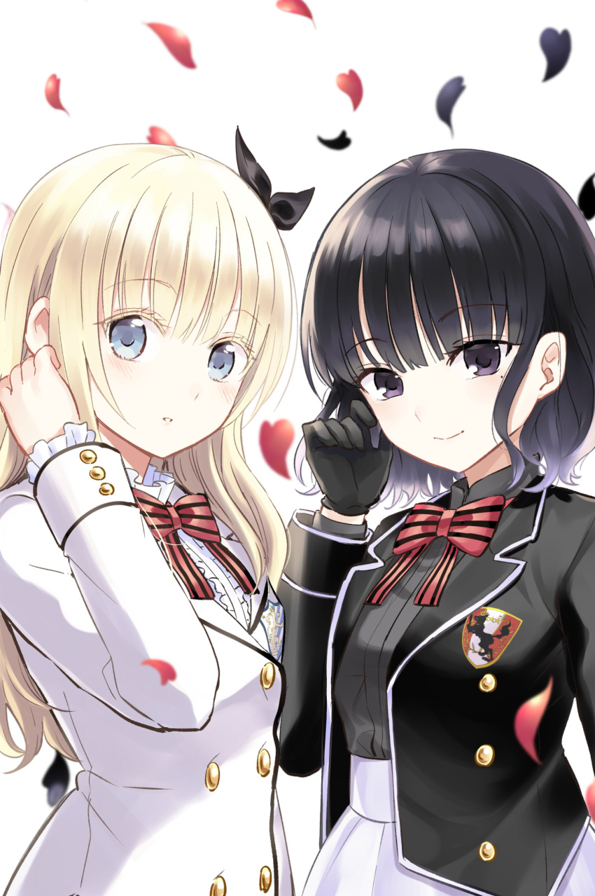 2girls black_gloves black_hair black_jacket black_ribbon black_shirt blazer blonde_hair blue_eyes blush bow breasts center_frills closed_mouth collared_shirt commentary_request dress_shirt gloves hair_ribbon hand_up heart highres inugami_reon jacket juliet_persia kishuku_gakkou_no_juliet long_hair multiple_girls natsupa open_blazer open_clothes open_jacket parted_lips petals pleated_skirt red_bow ribbon school_uniform shirt simple_background skirt small_breasts smile striped striped_bow violet_eyes wavy_hair white_background white_jacket white_shirt white_skirt