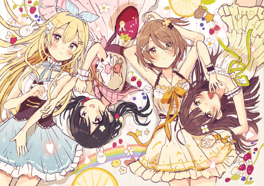 4girls :d animal bangs bare_shoulders bird black_flower black_hair blonde_hair blue_ribbon blue_skirt blush bow brown_eyes brown_hair chick closed_mouth commentary covered_mouth dress eyebrows_visible_through_hair flower frilled_skirt frills green_ribbon hair_between_eyes hair_flower hair_ornament hair_ribbon highres long_hair lying multiple_girls on_back on_side open_mouth orange_bow original parted_lips pink_skirt puffy_short_sleeves puffy_sleeves rabbit rainbow ribbon sakura_oriko shirt short_sleeves skirt sleeveless sleeveless_dress smile very_long_hair white_camisole white_dress white_shirt x_hair_ornament yellow_flower