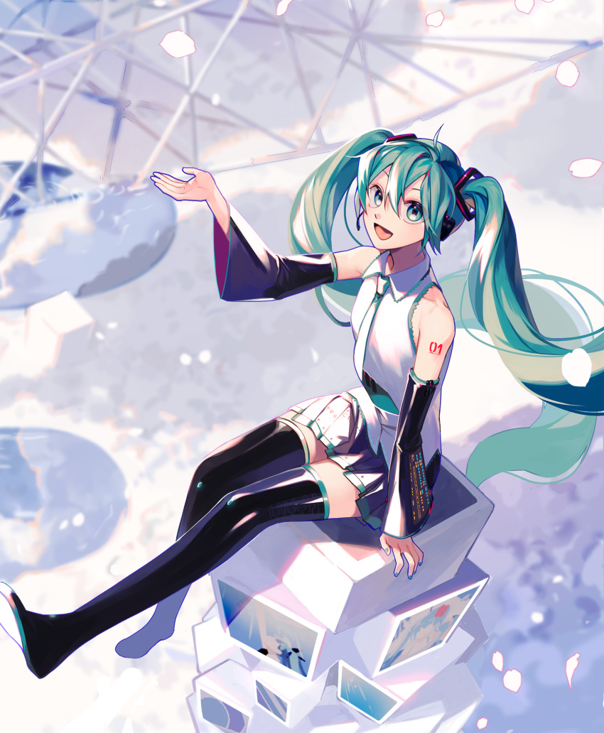 1girl :d aqua_neckwear black_footwear black_skirt black_sleeves blue_eyes blurry blurry_background boots collared_shirt detached_sleeves floating_hair full_body green_hair hair_between_eyes hatsune_miku headphones headset highres long_hair long_sleeves microphone miniskirt necktie open_mouth pleated_skirt redbjelly shiny shiny_hair shirt sitting skirt sleeveless sleeveless_shirt smile solo thigh-highs thigh_boots twintails very_long_hair vocaloid white_shirt wing_collar zettai_ryouiki