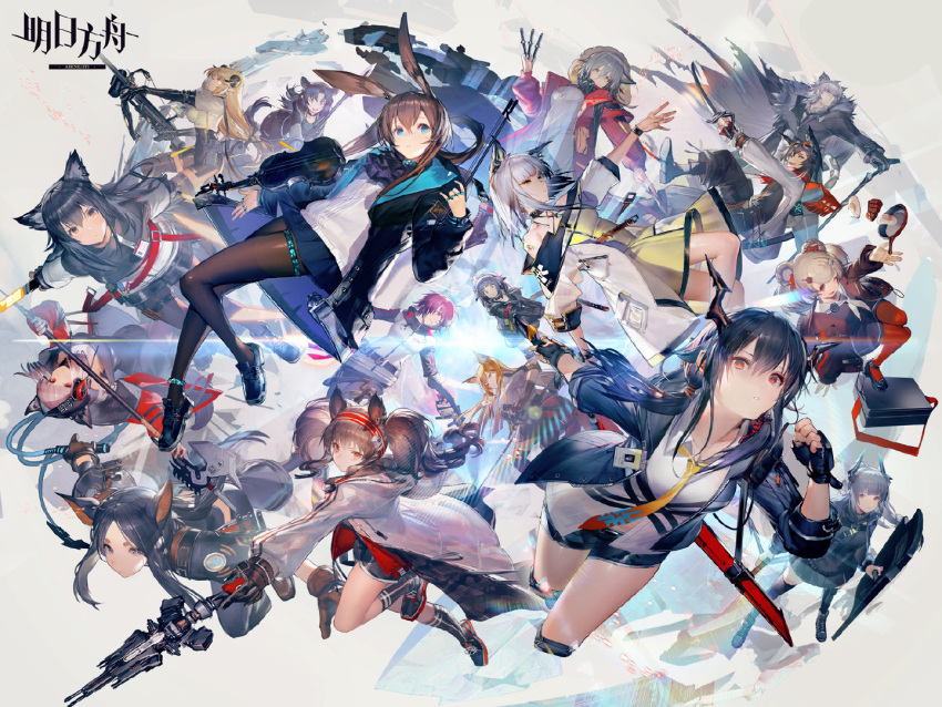 2boys 6+girls ahoge amiya_(arknights) angelina_(arknights) animal_ear_fluff animal_ears arknights asymmetrical_hair bag bangs bare_shoulders black_footwear black_gloves black_hair black_headwear black_jacket black_legwear black_shorts black_skirt blonde_hair blue_eyes blue_hair blue_jacket blush boots bow bow_(weapon) breasts brown_eyes brown_hair ch'en_(arknights) choker closed_mouth coat collarbone cross-laced_footwear detached_collar dress ears_through_headwear expressionless exusiai_(arknights) eyebrows_visible_through_hair fingerless_gloves franka_(arknights) frostleaf_(arknights) frying_pan full_body fur-trimmed_coat fur_trim gloves green_eyes grey_hair grey_shirt gum_(arknights) gun hair_between_eyes hair_bow hairband halberd hand_up hat headphones holding holding_bow_(weapon) holding_staff holding_weapon hood hood_up hooded_coat hooded_jacket horns jacket jessice_(arknights) jewelry kaitsit_(arknights) knee_boots knee_pads lace-up_boots liduke liskam_(arknights) logo long_hair long_sleeves looking_at_viewer medium_breasts messy_hair multiple_boys multiple_girls necktie nightingale_(arknights) off-shoulder_jacket official_art open_clothes open_jacket pantyhose parted_lips pleated_skirt polearm projekt_red_(arknights) purple_dress rabbit_ears red_coat red_eyes ring see-through_sleeves shirt short_hair shorts shoulder_bag sidelocks skirt small_breasts smile staff sword tail texas_(arknights) thigh-highs twintails very_long_hair weapon white_jacket white_shirt yellow_eyes