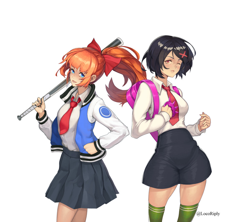 2girls backpack bag baseball_bat black_hair black_skirt blue_eyes brass_knuckles breasts dmitriy_samarkin green_legwear hair_ornament hair_ribbon hand_in_jacket jacket kunio-kun_series kyoko_(kunio-kun) letterman_jacket long_hair looking_at_viewer misako_(kunio-kun) multiple_girls necktie one_eye_closed orange_hair pleated_skirt ponytail red_eyes red_neckwear red_ribbon ribbon river_city_girls shirt short_hair shorts skirt small_breasts thigh-highs twitter_username weapon white_background white_shirt x_hair_ornament