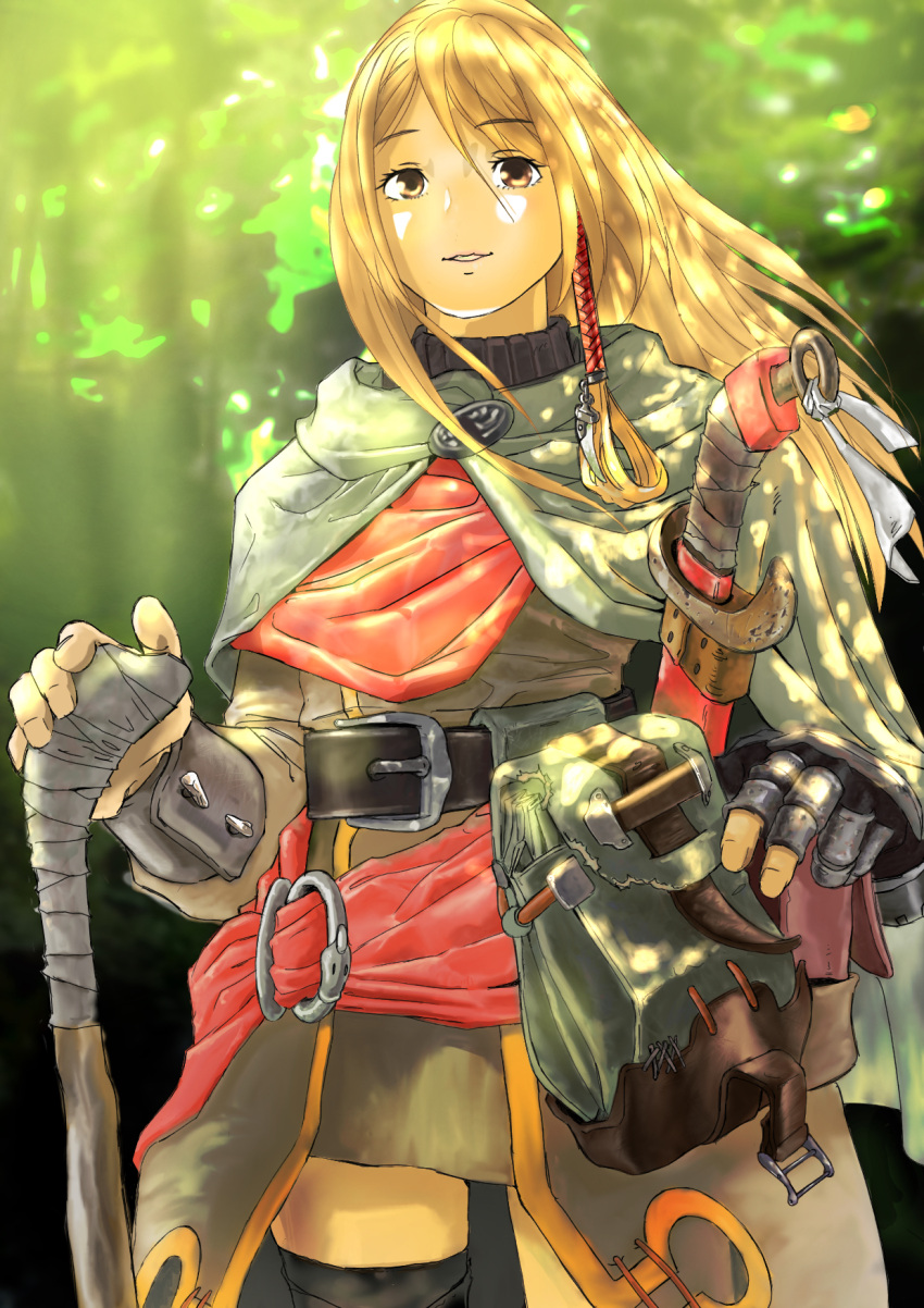 1girl belt black_legwear blonde_hair cape dappled_sunlight day fantasy fingerless_gloves forest gloves hair_tubes highres long_hair long_sleeves nature original outdoors pouch rokutowa sheath sheathed solo sunlight sword thigh-highs walking_stick weapon