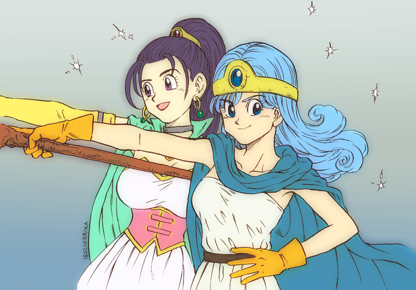 2girls artist_name blue_eyes blue_hair breasts cape choker circlet corset dated dragon_quest dragon_quest_iii dragon_quest_xi dress earrings gloves gradient gradient_background hand_on_hip jewelry medium_breasts multiple_girls open_mouth ponytail purple_hair sage_(dq3) senica_(dq11) shinobibe_himika signature smile strapless strapless_dress violet_eyes white_dress yellow_gloves