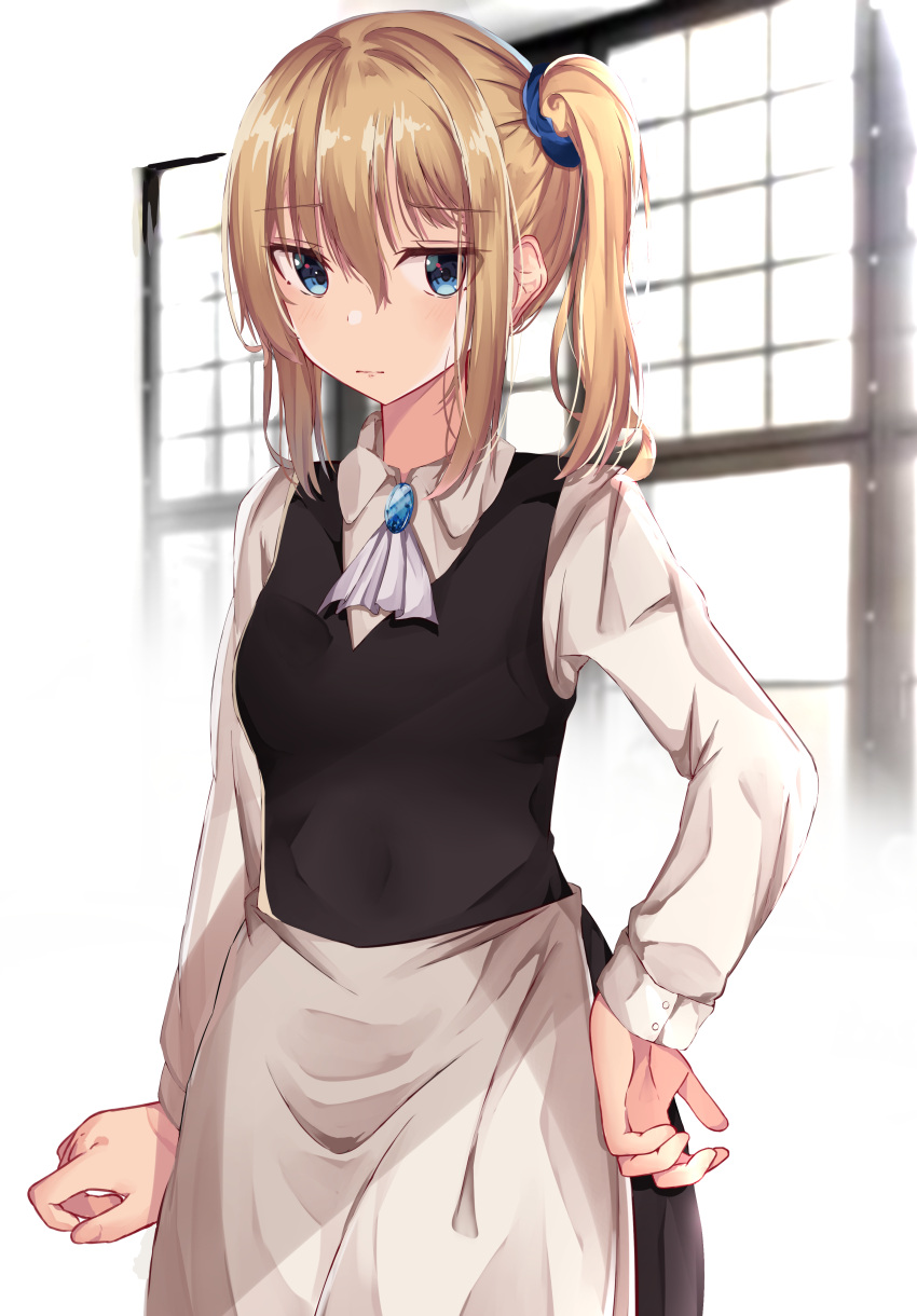 1girl absurdres apron black_skirt black_vest blonde_hair blue_eyes blue_scrunchie blurry blurry_background blush breasts commentary_request depth_of_field hair_ornament hair_scrunchie hand_on_hip hayasaka_ai highres kaguya-sama_wa_kokurasetai_~tensai-tachi_no_renai_zunousen~ long_sleeves norazura scrunchie shirt side_ponytail sidelocks simple_background skirt sleeves_past_wrists small_breasts solo vest waist_apron white_apron white_background white_shirt window