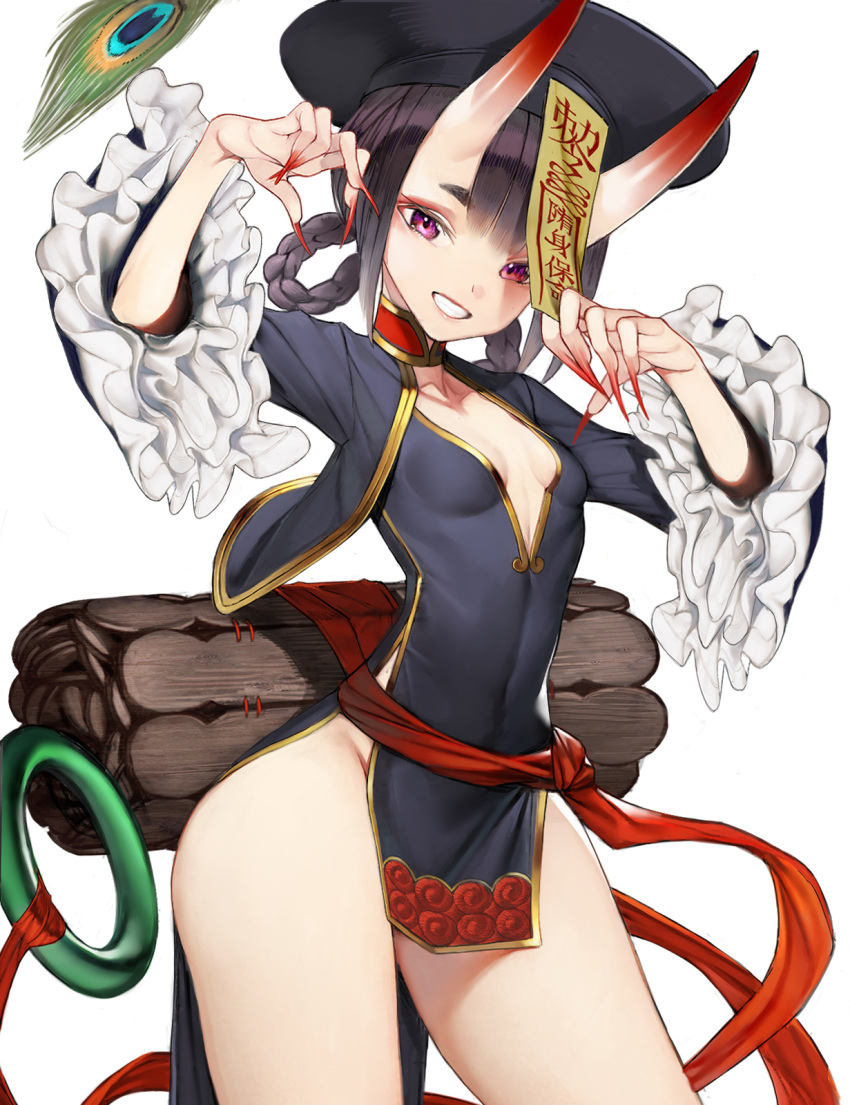 1girl black_hair braid breasts eyeliner fate/grand_order fate_(series) fingernails grin groin hat highres horns jiangshi looking_at_viewer makeup nyatabe oni red_nails sharp_fingernails shuten_douji_(fate/grand_order) simple_background smile solo talisman violet_eyes white_background