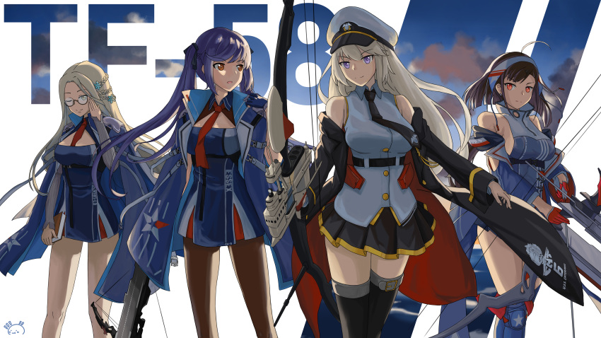 4girls absurdres ahoge aircraft anchor_hair_ornament azur_lane background_text bangs belt black_belt black_coat black_legwear black_neckwear black_ribbon blue_hair blush book bow_(weapon) braid breasts brown_hair clouds cloudy_sky coat collared_shirt commentary_request crossbow dress dusk earrings enterprise_(azur_lane) essex_(azur_lane) eyebrows_visible_through_hair flight_deck glasses grey_hair hair_ornament hair_ribbon hairband hat highres holding holding_book holding_bow independence_(azur_lane) jewelry large_breasts long_hair long_sleeves meatbun_33 military military_hat miniskirt multiple_girls necktie ocean open_clothes open_coat outdoors pantyhose peaked_cap pleated_skirt red_eyes red_neckwear ribbon semi-rimless_eyewear shangri-la_(azur_lane) shirt sidelocks silver_hair simple_background skirt sky sleeveless sleeveless_shirt slit_pupils smile snowflake_hair_ornament tagme twintails underbust very_long_hair violet_eyes wading weapon white_headwear yellow_eyes