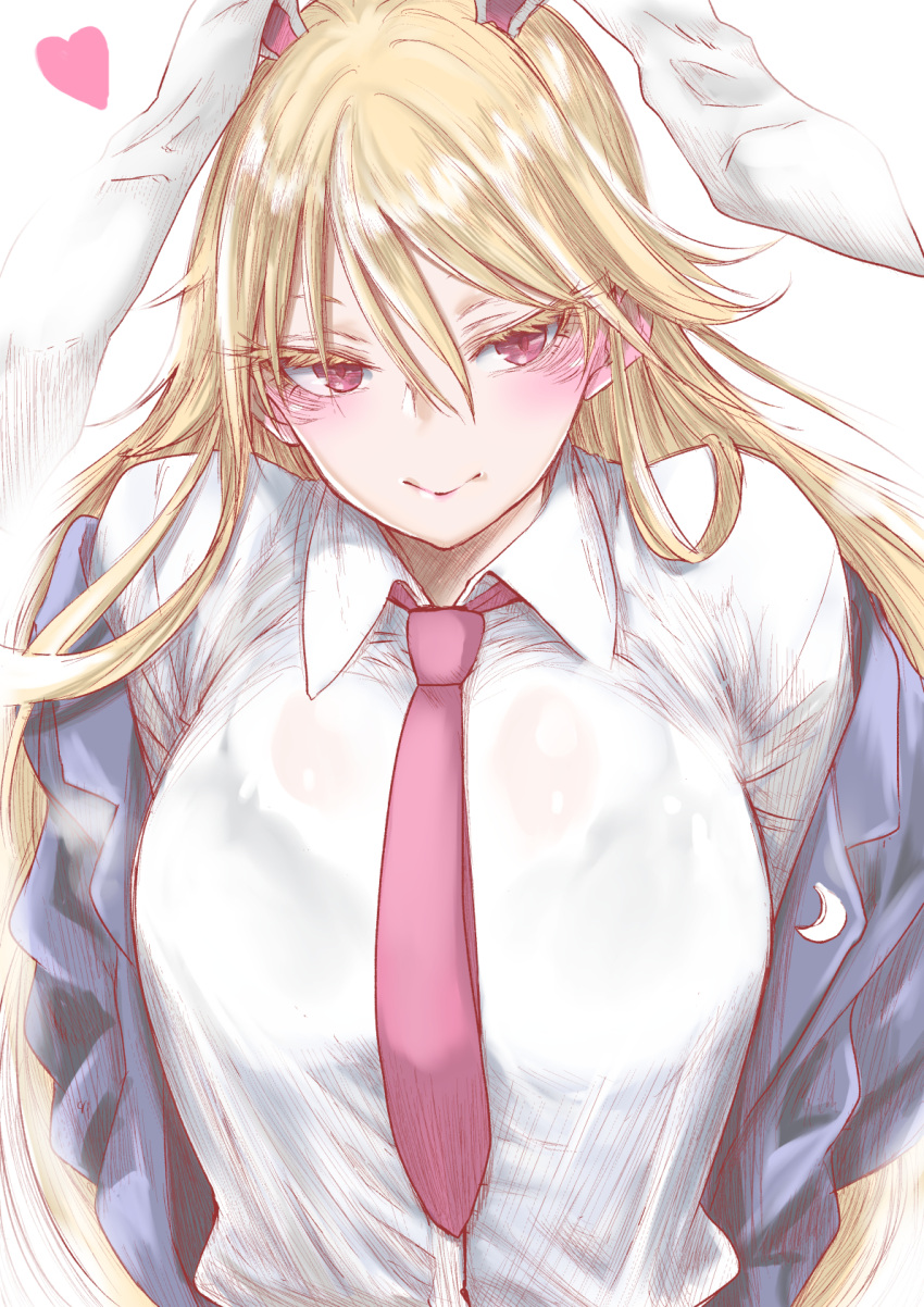 1girl animal_ears bags_under_eyes bangs blazer blonde_hair blue_jacket blush bra_through_clothes breasts chikado closed_mouth colored_eyelashes commentary_request cosplay crescent crescent_moon_pin eyelashes hair_between_eyes heart highres jacket junko_(touhou) large_breasts long_hair necktie off_shoulder open_blazer open_clothes open_jacket rabbit_ears red_eyes red_neckwear reisen_udongein_inaba reisen_udongein_inaba_(cosplay) shirt smile solo touhou tsurime upper_body very_long_hair white_background white_shirt
