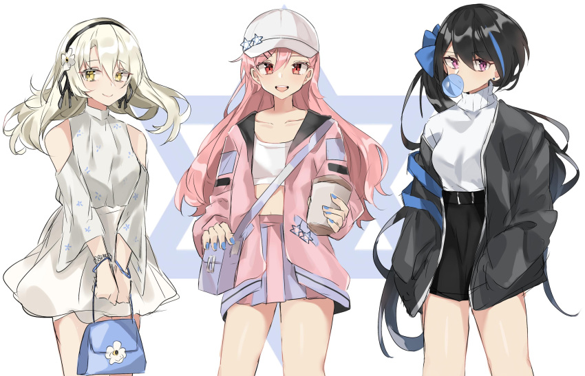 3girls absurdres aogisa bag bangs black_hair black_jacket blonde_hair blue_hair blush braid breasts casual cowboy_shot dress eyebrows_visible_through_hair flower girls_frontline hair_between_eyes hair_flower hair_ornament hairband hairclip hat hexagram highres holding holding_bag jacket jericho_(girls_frontline) long_hair looking_at_viewer multicolored_hair multiple_girls negev_(girls_frontline) off_shoulder pink_hair pink_jacket red_eyes ribbon sidelocks smile star_of_david streaked_hair violet_eyes white_dress white_headwear x95_(girls_frontline) yellow_eyes