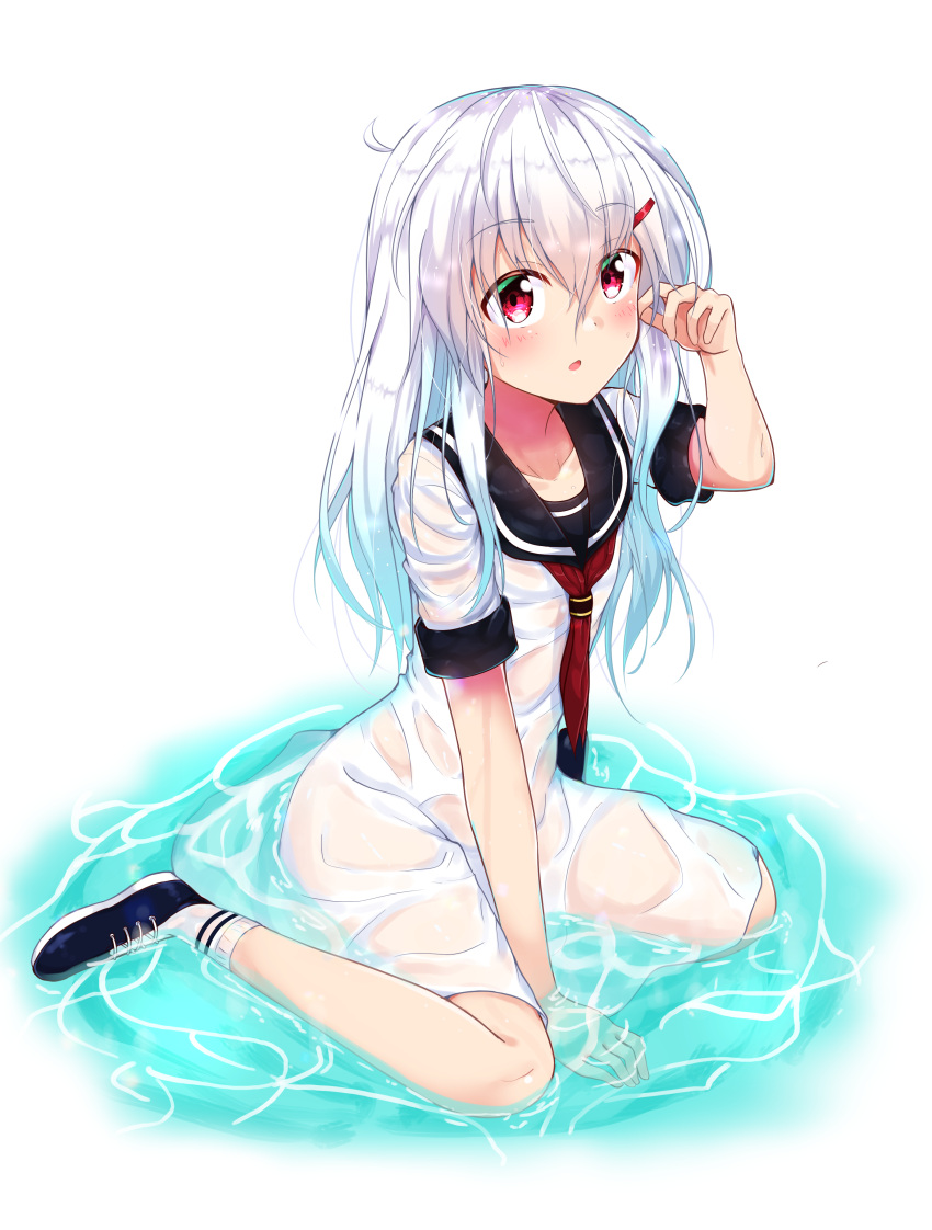 1girl absurdres arm_between_legs blue_footwear blush dress eyebrows_visible_through_hair full_body hair_between_eyes hair_ornament hairclip highres long_hair looking_at_viewer namikawa_kuroha neckerchief original partially_submerged red_eyes red_neckwear sailor_collar sailor_dress seiza shirone_(namikawa_kuroha) shoes short_sleeves sitting sneakers socks solo white_hair white_legwear