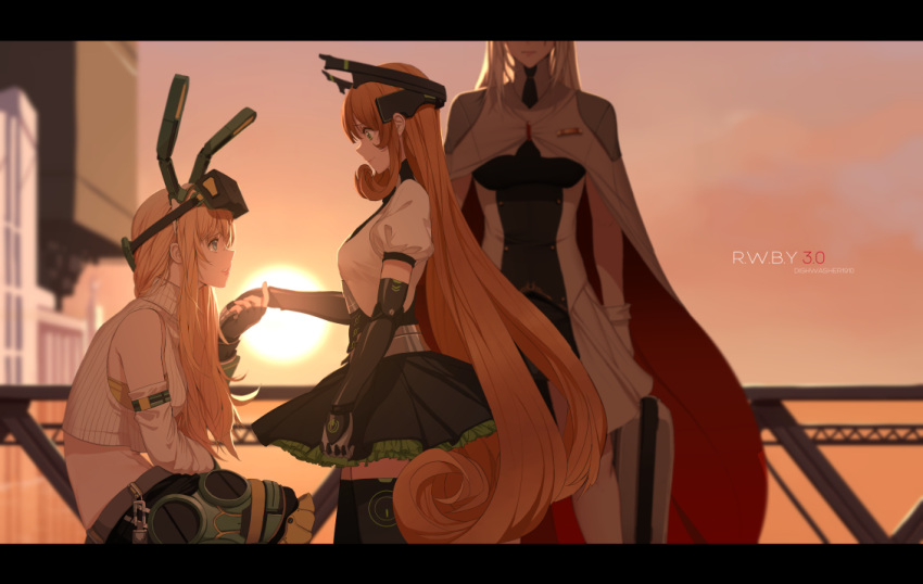 3girls ahoge animal_ears black_gloves blonde_hair bow breasts brown_eyes cameron_maccloud commentary company_connection crossover curly_hair dishwasher1910 dress english_commentary eyebrows_visible_through_hair freckles gen_lock gloves green_eyes hair_bow high_heels long_hair medium_breasts multiple_girls orange_hair penny_polendina rabbit_ears rwby scar scar_across_eye smile thigh-highs very_long_hair weiss_schnee white_hair