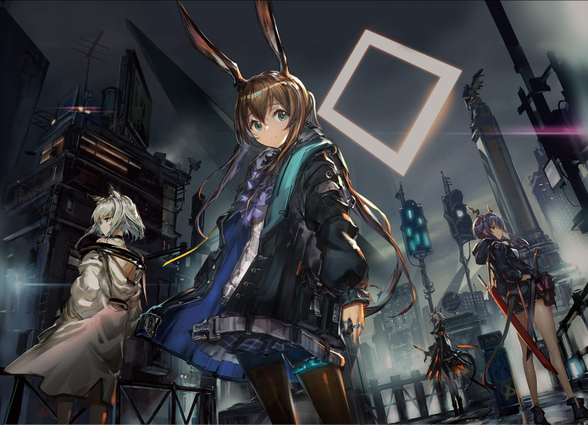 4girls ahoge amiya_(arknights) animal_ears arknights asymmetrical_hair bangs bare_shoulders black_hair black_jacket black_shorts blue_eyes blue_hair breasts brown_hair building ch'en_(arknights) city_lights cityscape closed_mouth detached_collar expressionless eyebrows_visible_through_hair fingerless_gloves floating_hair gloves green_eyes grey_hair hair_between_eyes highres holding holding_sword holding_weapon hood hood_down horns jacket jewelry kaitsit_(arknights) long_hair looking_at_viewer multiple_girls multiple_rings necktie night official_art open_clothes open_jacket outdoors pantyhose pleated_skirt rabbit_ears red_eyes ring see-through_sleeves shirt short_hair shorts sidelocks skirt sword twintails very_long_hair weapon white_shirt wind yui_(niikyouzou)