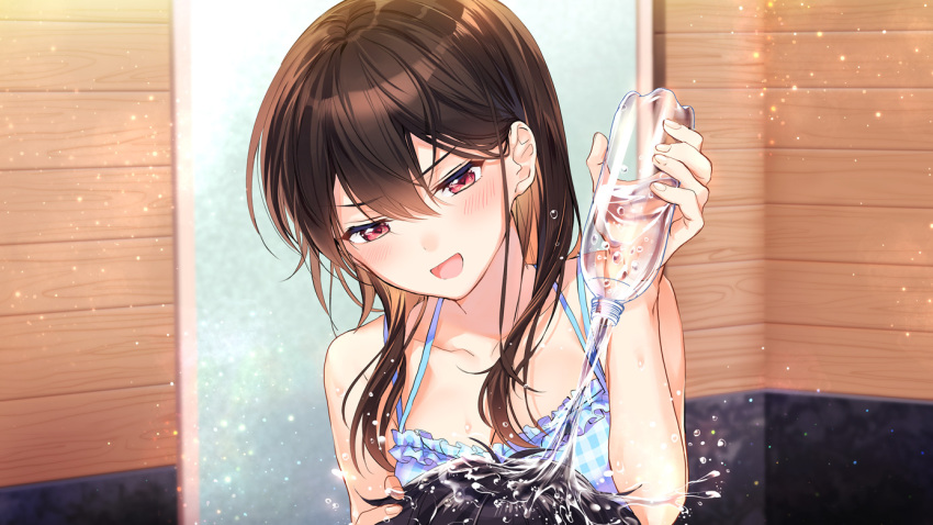 1boy 1girl :d bikini black_hair bottle breasts brown_hair frilled_bikini frills hair_between_eyes long_hair mochiko_(mochiko3121) official_art open_mouth pouring red_eyes small_breasts smile swimsuit upper_body water_bottle wet