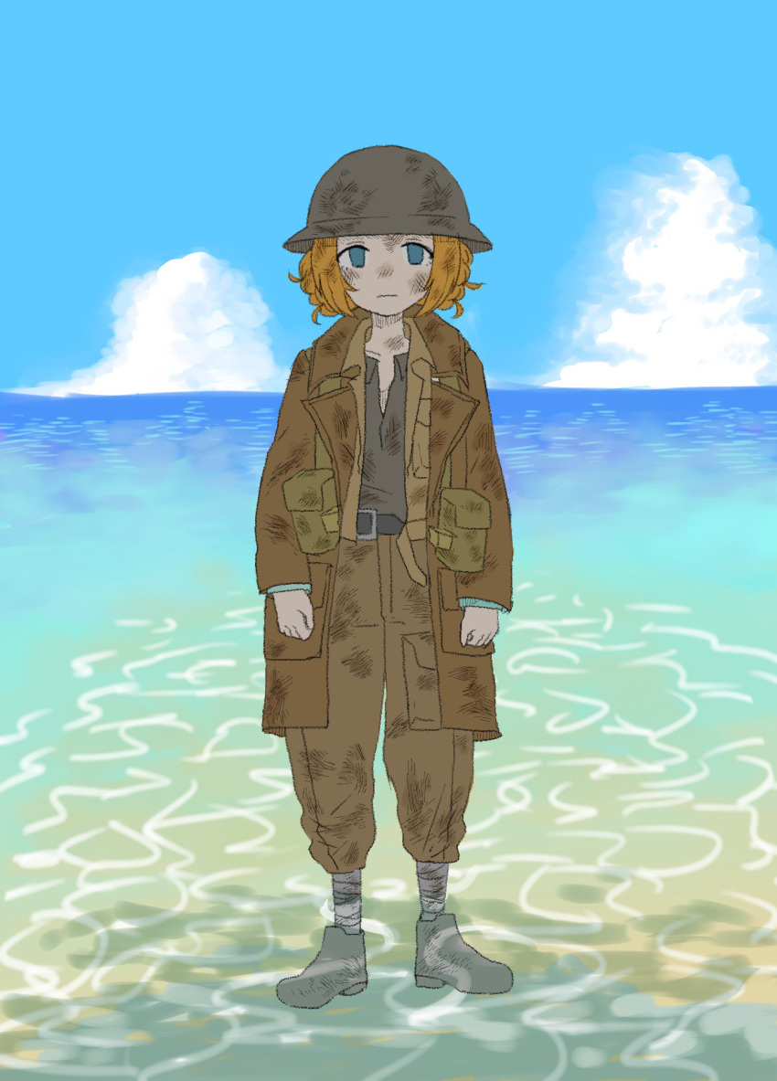 1girl aaru_(kerogero1582) beach belt blue_eyes blue_sky clouds cloudy_sky coat dirty_clothes dirty_face girls_und_panzer helmet highres long_sleeves military military_uniform no_pupils ocean orange_hair orange_pekoe pants_tucked_in pouch sky solo tied_hair uniform