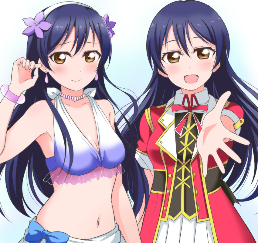 1girl ascii_media_works bangs bikini bikini_skirt blue_hair blush bokura_no_live_kimi_to_no_life bushiroad commentary_request flower frilled_bikini frills hair_between_eyes hair_flower hair_ornament hibiscus highres jewelry long_hair looking_at_viewer love_live! love_live!_school_idol_project mimori_suzuko multiple_persona natsuiro_egao_de_1_2_jump! navel necklace open_mouth parted_lips ribbon short_sleeves simple_background smile sonoda_umi sunrise_(studio) swimsuit tokyo_mx wewe white_background yellow_eyes