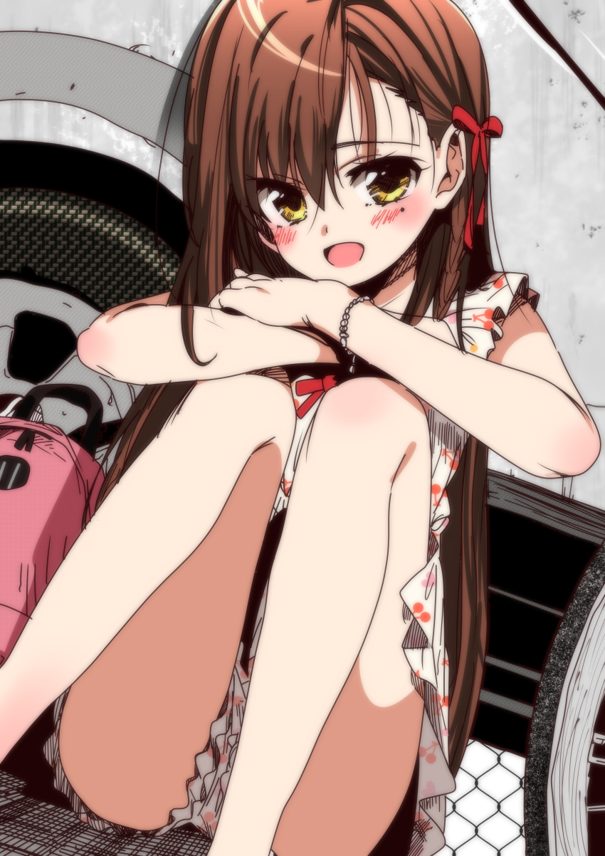 1girl absurdres backpack bag bangs blush brown_hair gakkou_gurashi! hair_between_eyes highres long_hair looking_at_viewer mole mole_under_eye on_ground open_mouth sinakyo sitting wakasa_yuuri wheel yellow_eyes