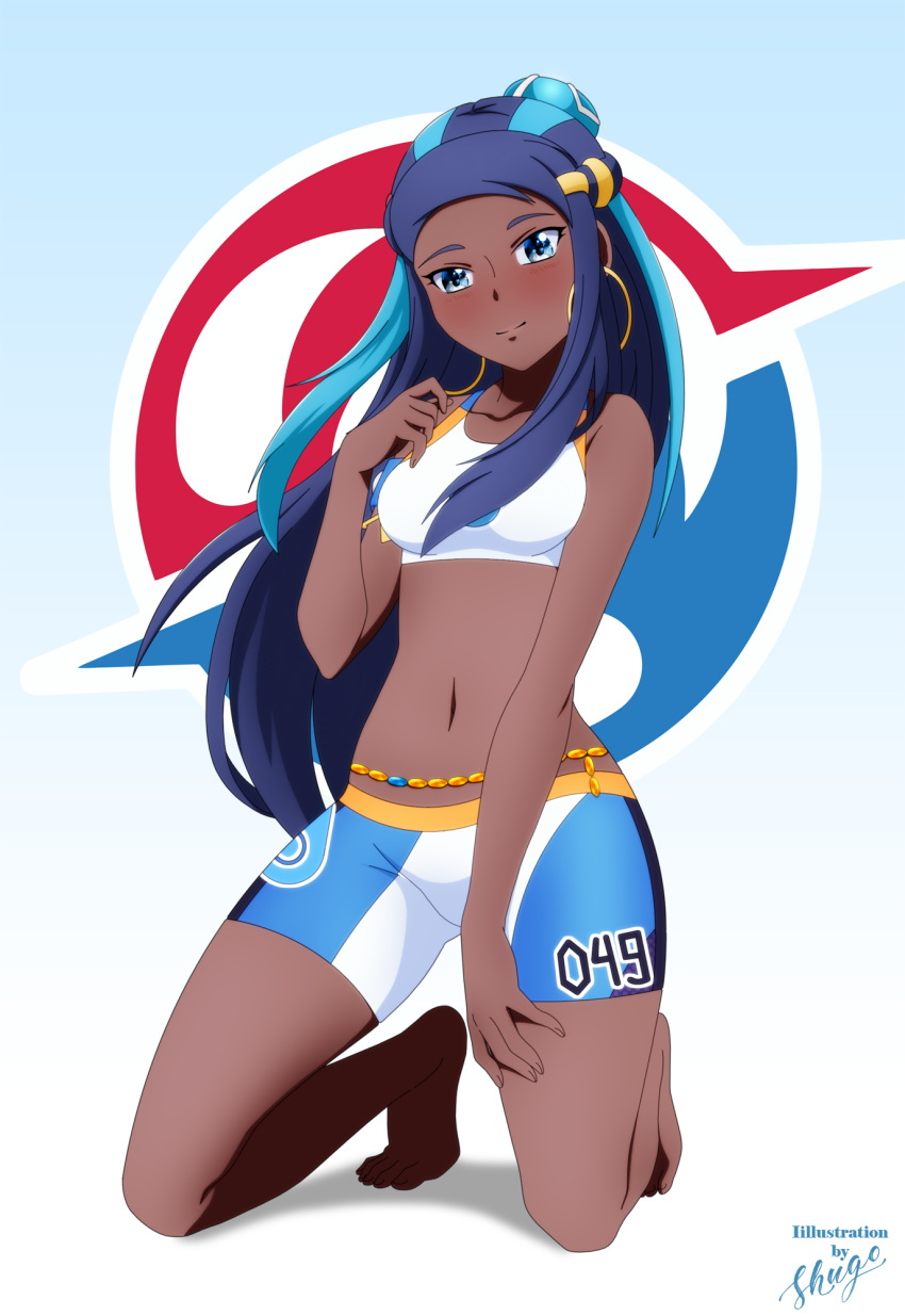 1girl benjoerres bike_shorts blue_background blue_eyes blush breasts dark_skin hand_on_own_chest highres hood kneeling long_hair looking_at_viewer navel pokemon pokemon_(game) pokemon_swsh rurina_(pokemon) small_breasts smile solo