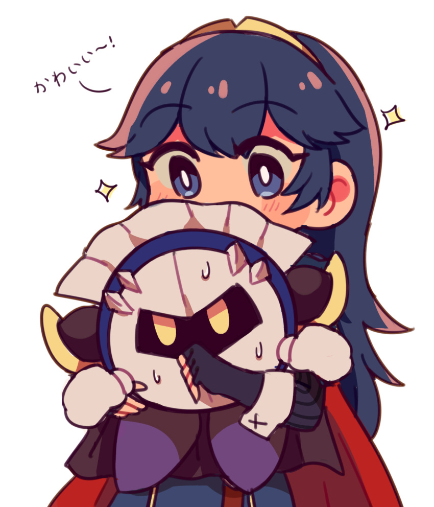 1girl 1other black_cape blue_eyes blue_hair cape fingerless_gloves fire_emblem fire_emblem:_kakusei gloves hal_laboratory_inc. highres hoshi_no_kirby hoshi_no_kirby:_yume_no_izumi_no_monogatari hug human intelligent_systems kirby_(series) kirby_(specie) looking_at_another lucina mask meta_knight nacooo23 nintendo pauldrons red_cape sparkle super_smash_bros. super_smash_bros._ultimate super_smash_bros_brawl super_smash_bros_for_wii_u_and_3ds sweat tiara white_mittens yellow_eyes