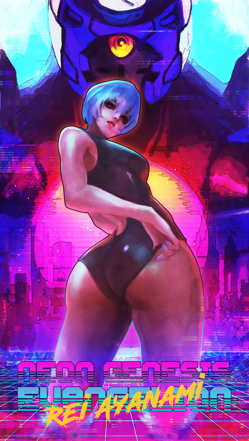 1girl absurdres adjusting_clothes adjusting_swimsuit ass ayanami_rei black_swimsuit blue_hair blue_nails breasts character_name competition_swimsuit copyright_name cropped_legs eva_00 eyeshadow from_behind highres lips looking_back makeup medium_breasts monori_rogue nail_polish neon_genesis_evangelion one-piece_swimsuit pinup red_eyes short_hair solo_focus standing swimsuit vaporwave