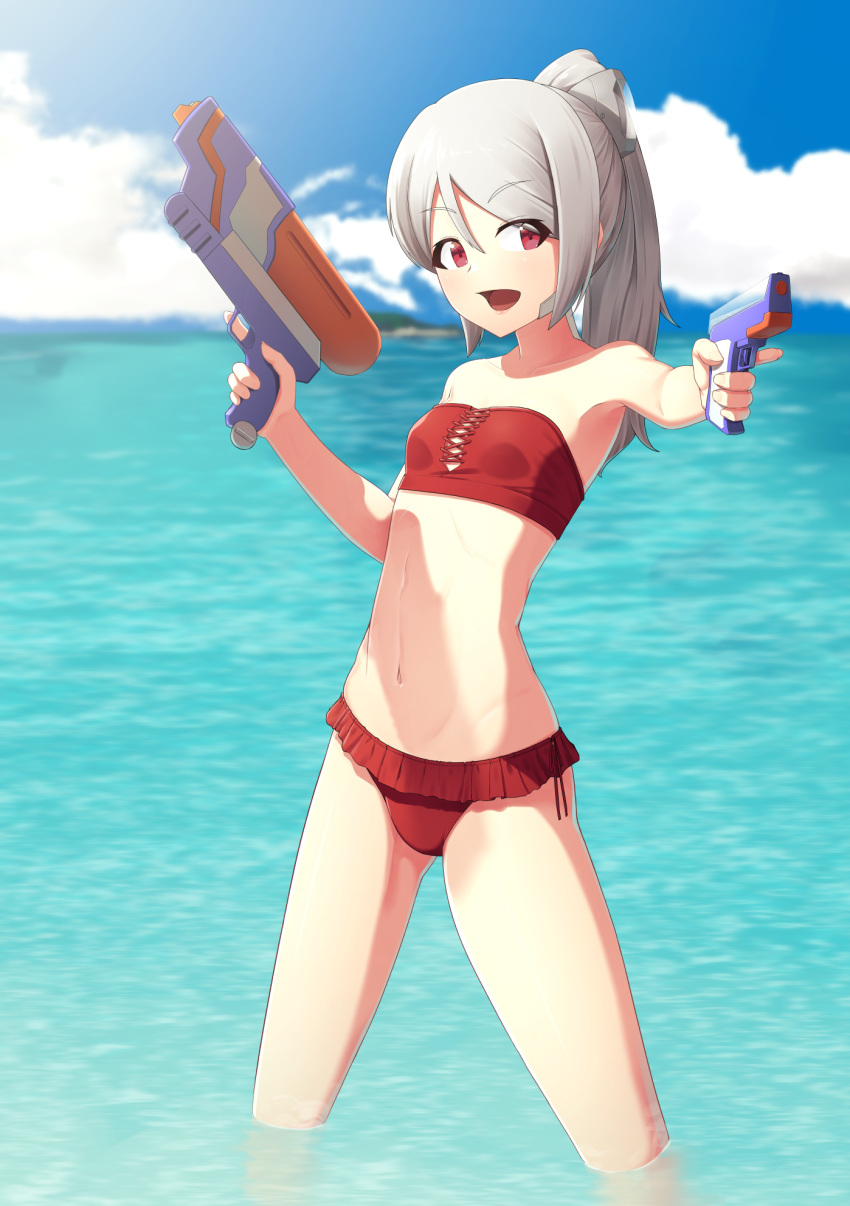 1girl aiming bikini bikini_day blurry blurry_background breasts day eyebrows_visible_through_hair eyes_visible_through_hair frilled_bikini frills gun highres holding holding_gun holding_weapon navel ocean original outdoors ponytail putchers red_eyes silver_hair small_breasts solo strapless swimsuit virtual_youtuber wading water_gun weapon