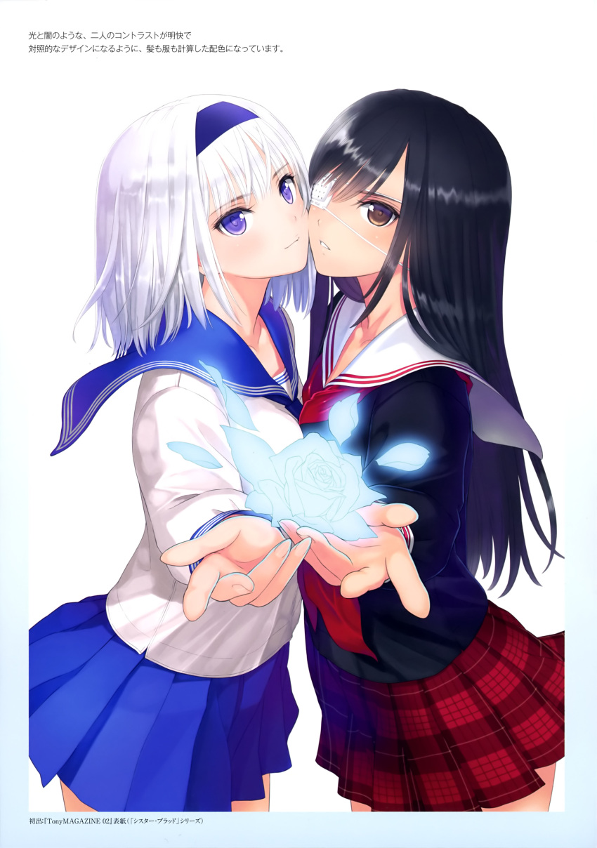 2girls absurdres artist_name bangs black_hair blue_eyes blue_skirt blush brown_eyes cheek-to-cheek closed_mouth collarbone eyebrows_visible_through_hair eyepatch fingernails floe flower from_side glowing_flower hairband highres long_hair looking_at_viewer multiple_girls outstretched_arm parted_lips petals pleated_skirt rose scan school_uniform serafuku shiny shiny_hair shiny_skin short_hair simple_background sister_blood skirt swept_bangs tanaka_takayuki white_background white_hair